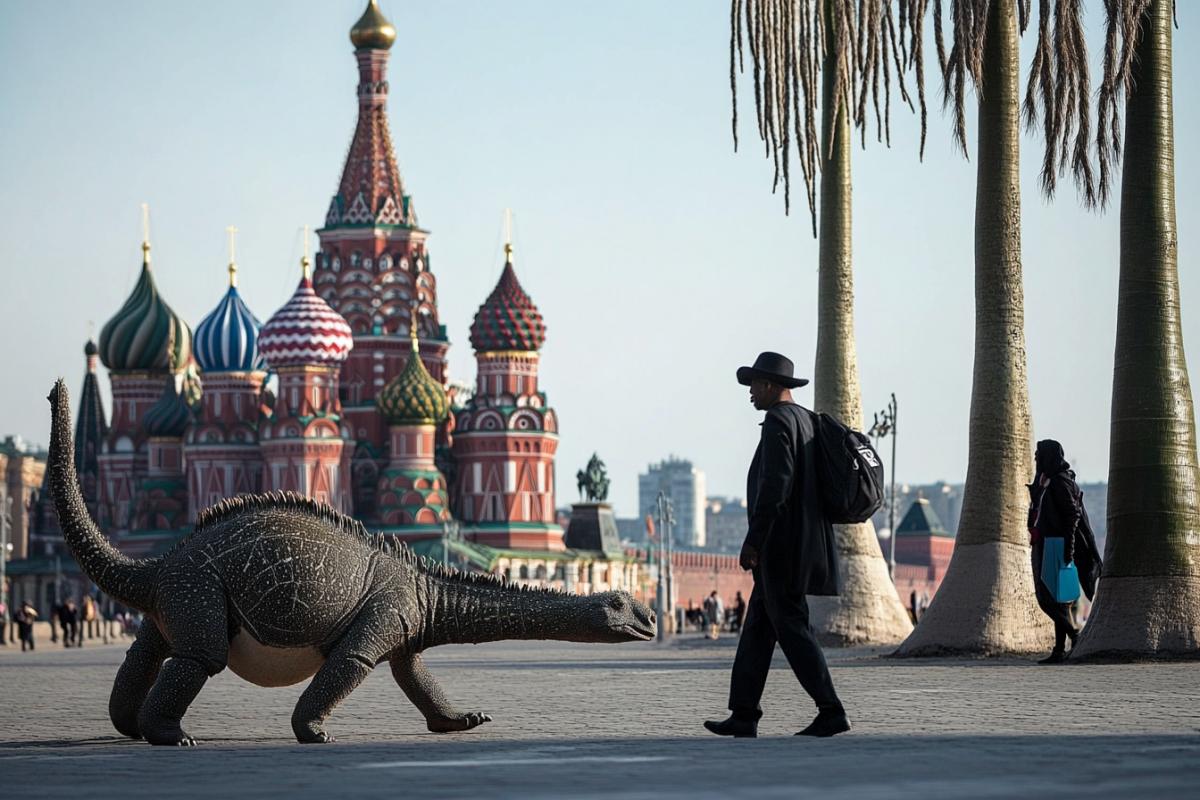 In Moscow, on Red Square, baobab trees have grown and African animals are walking among ordinary people