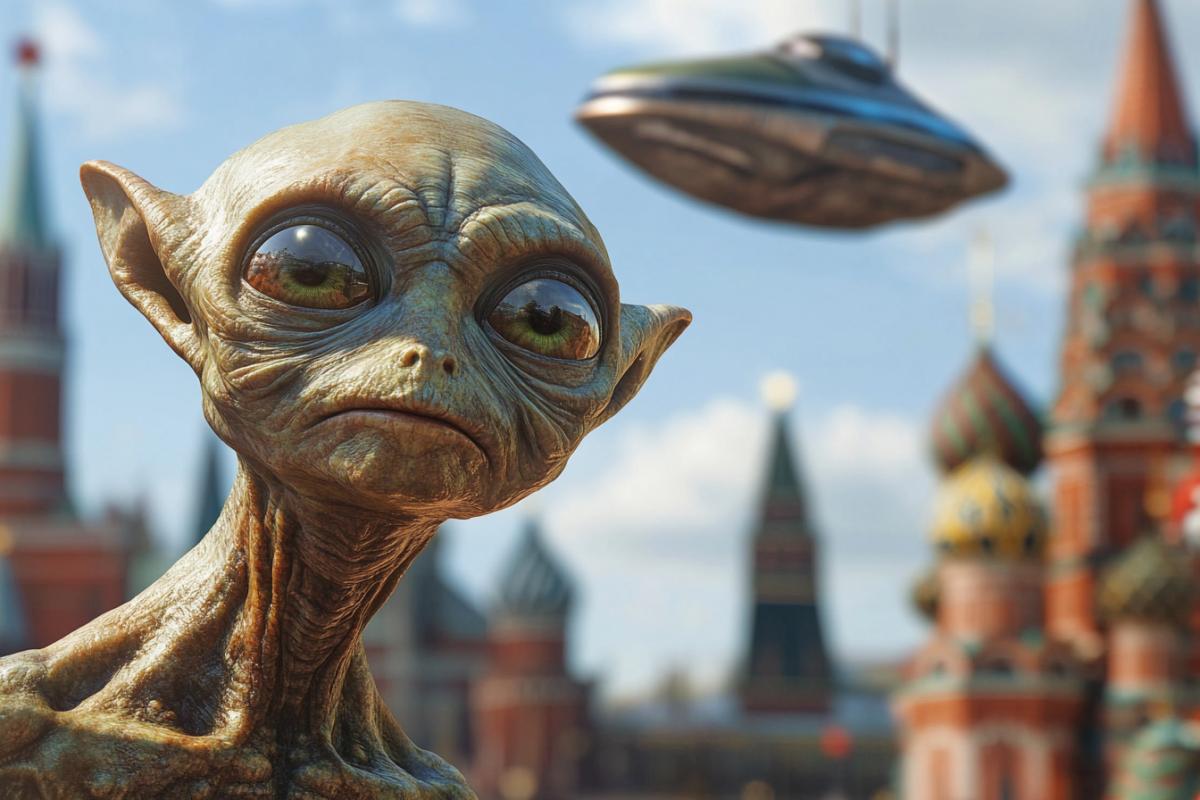 aliens funny dancing lezginka on Red Square, alien ship in the sky, Russia, Moscow, humor, photorealism