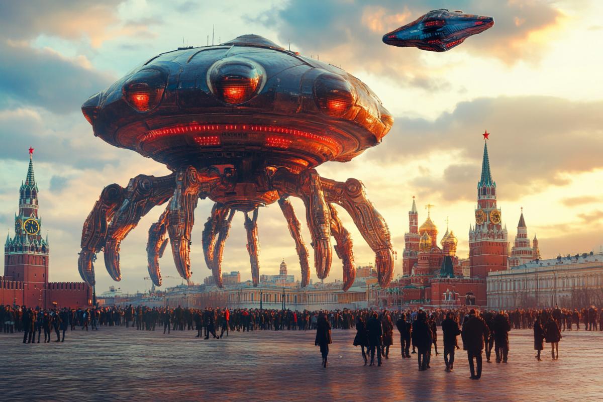 aliens dancing lezginka on Red Square, New Year, alien ship in the sky, Russia, Moscow, humor, photorealism