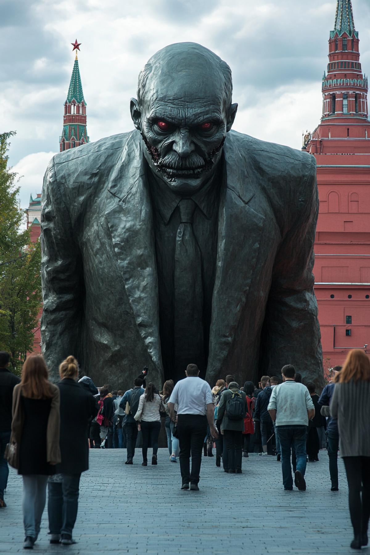 Zombie Lenin emerges from the mausoleum, photorealism, Red Square, Moscow