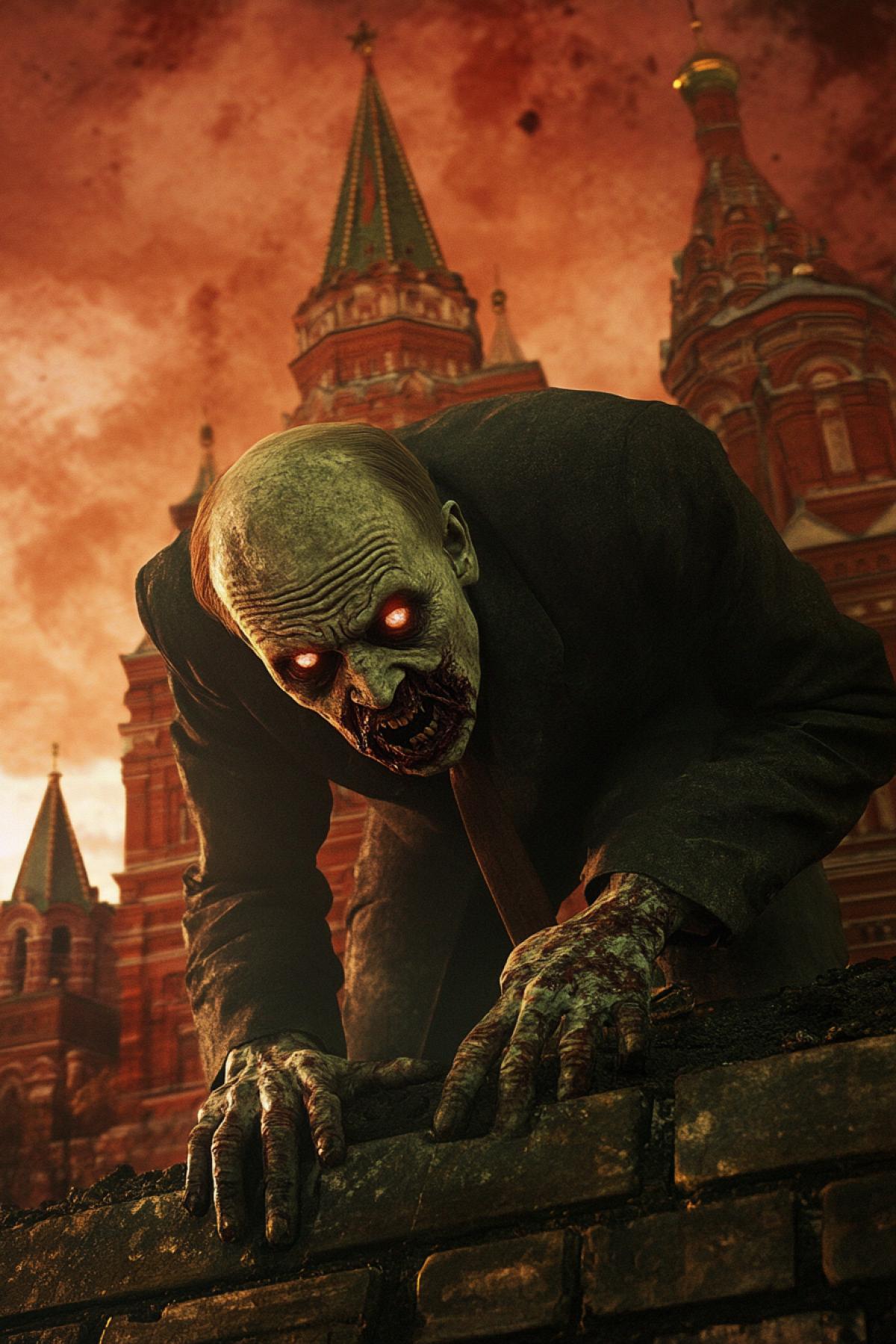 Zombie Lenin emerges from his mausoleum on Red Square, photorealism