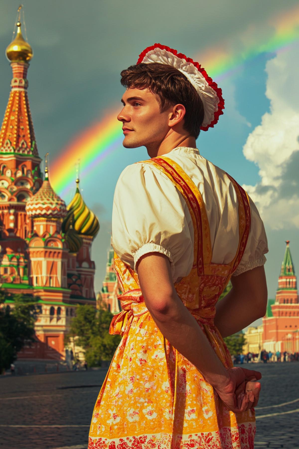 A man in a maid costume, summer, rainbow in the sky, Red Square, Moscow, photorealism