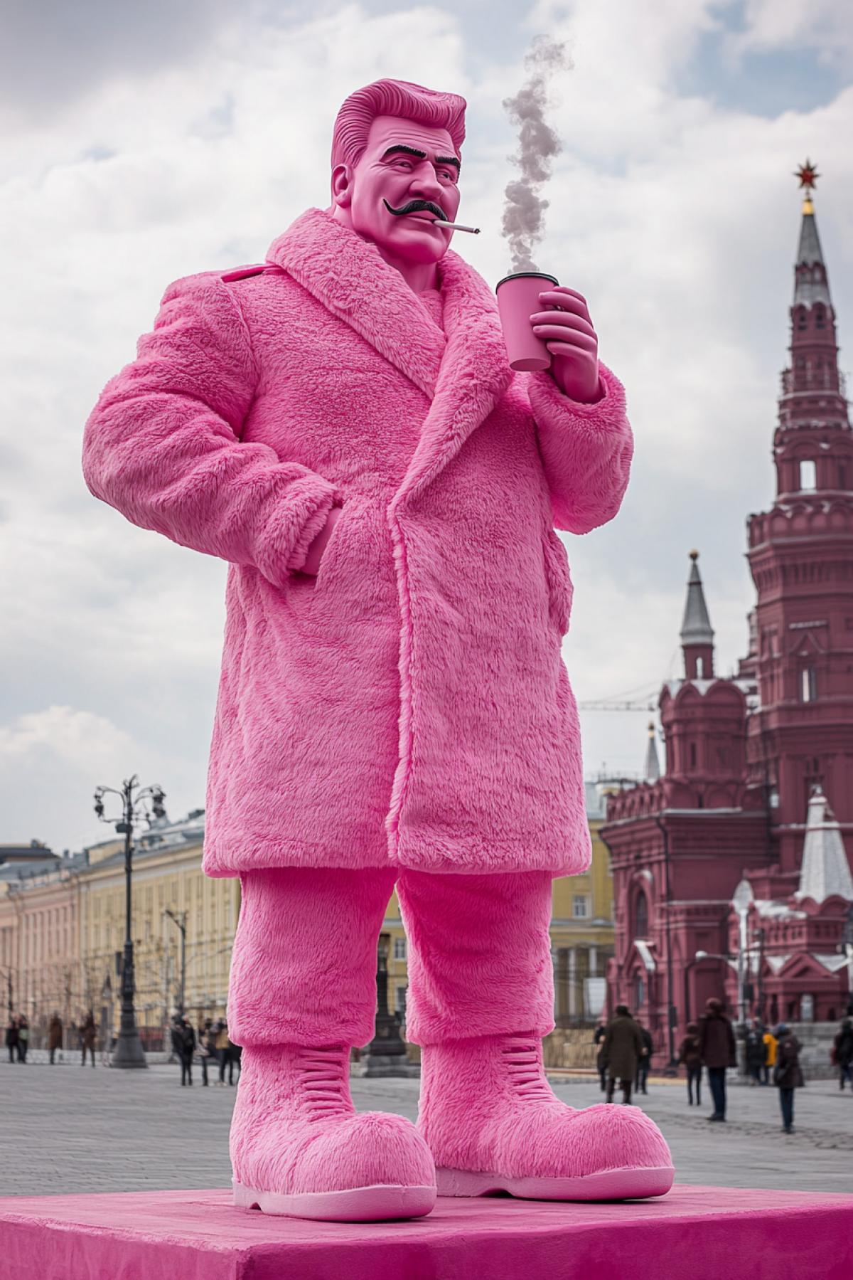 The revived Stalin Monument in a pink plush dressing gown and slippers drinks coffee and smokes a cigarette on Red Square, Moscow, detailed professional photo