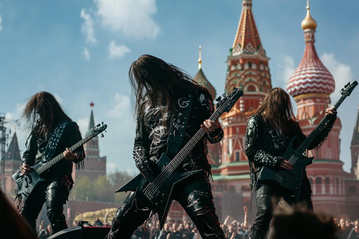 dark metal bands concert on Red Square in Moscow, epic satanic show, dynamic, photorealistic