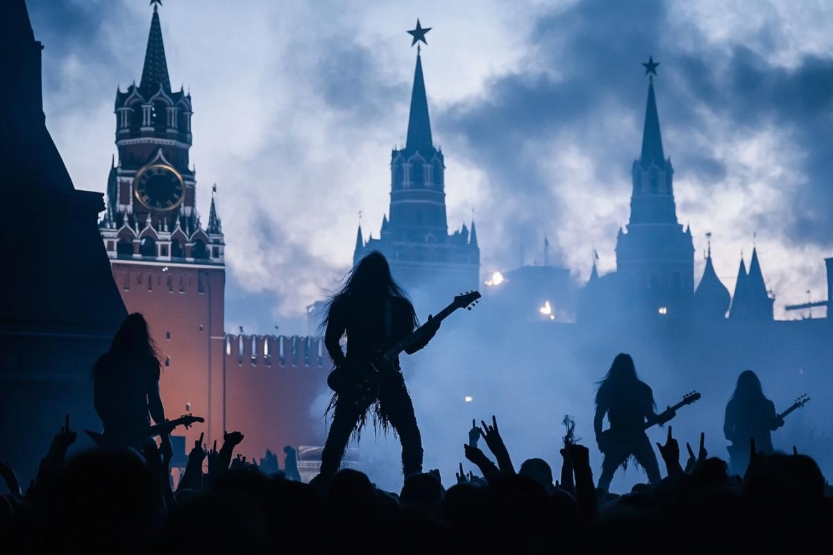 dark metal bands concert on Red Square in Moscow, epic satanic show, dynamic, photorealistic