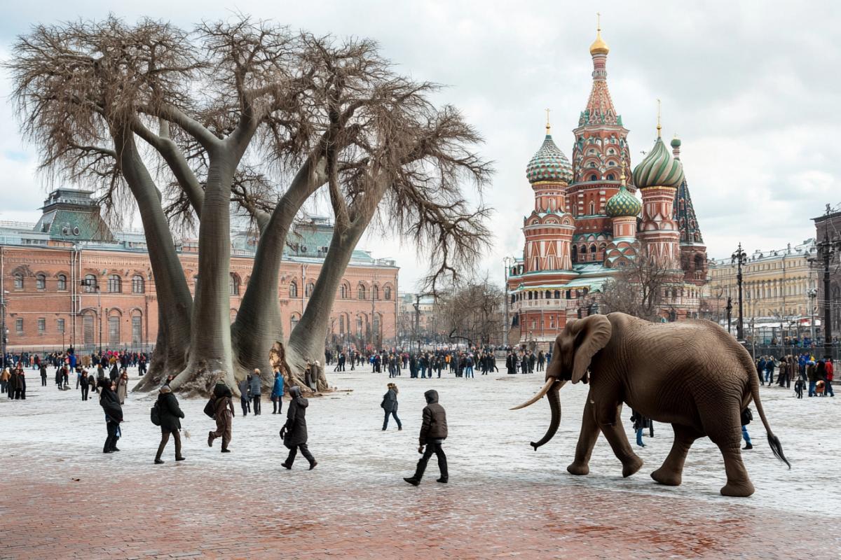 In Moscow, on Red Square, baobab trees have grown and African animals are walking among ordinary people