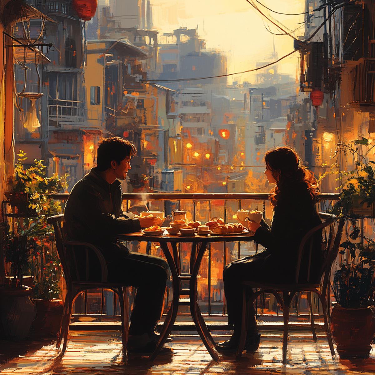 A tranquil scene of a cozy morning meal on a sunlit balcony, capturing the essence of warmth and relaxation. A couple sits on comfortable chairs, enjoying a simple yet elegant breakfast spread of pastries, fresh fruits, and steaming coffee. The sun casts a golden glow on the scene, highlighting the wooden railing and potted plants. The background features a minimalist cityscape, with modern buildings softly illuminated. The atmosphere is one of serene enjoyment, with a hint of excitement for the day ahead., typography