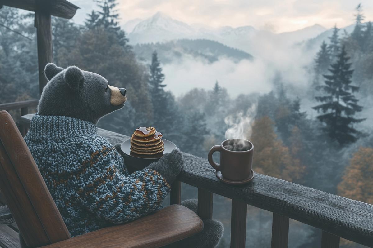A cozy mountain cabin balcony overlooking a foggy valley, a bear wearing a knitted sweater, savoring a stack of pancakes with honey. The balcony is surrounded by pine trees, and the soft morning mist creates a mystical ambiance. The bear sits on a wooden chair, with a mug of hot chocolate steaming nearby