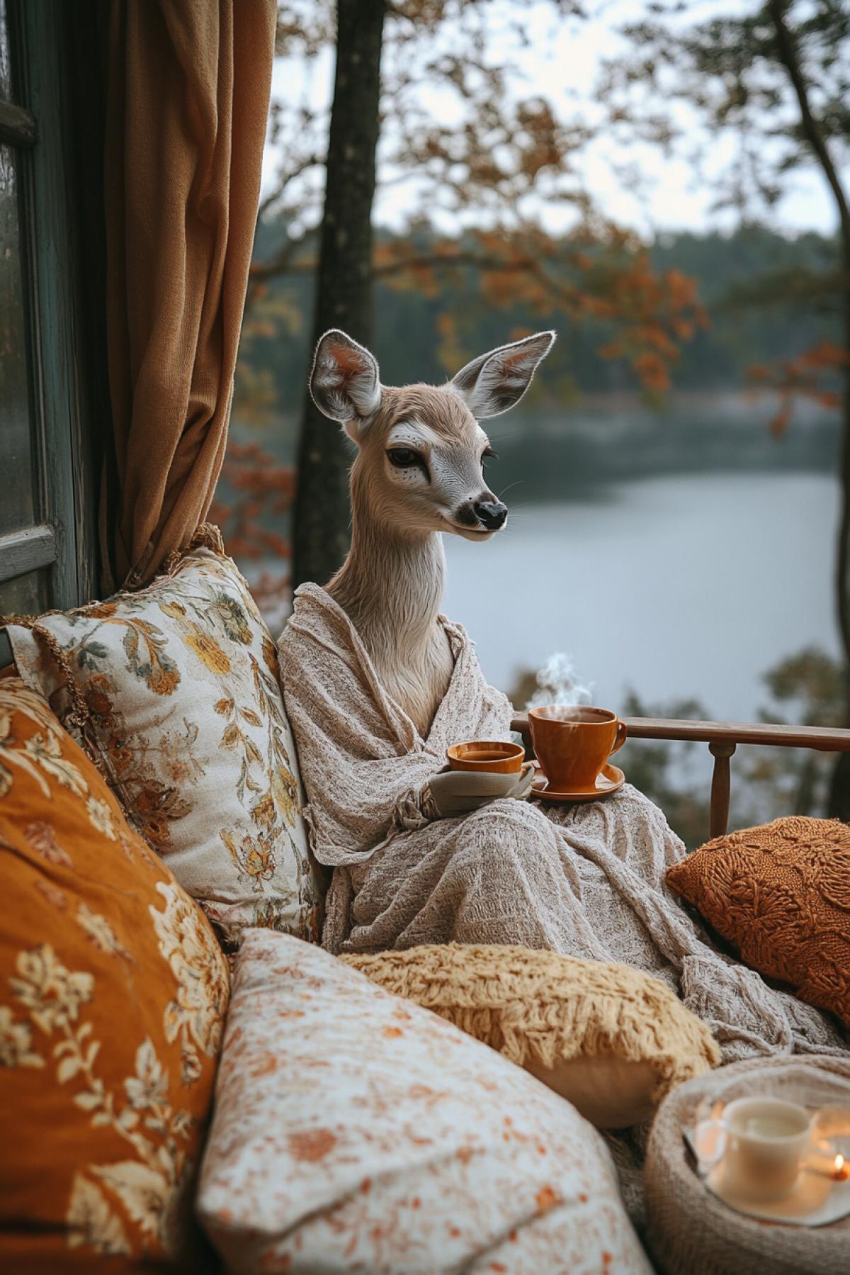 A serene and enchanting scene of an elegant deer in a flowing robe, seated on a lakeside balcony amidst a tranquil forest. The deer is engrossed in meditation, holding a cup of steaming herbal tea. The waters surface reflects the warm hues of the rising sun, creating a harmonious blend of light and shadow. Surrounding the deer are soft pillows and flickering candles, lending an aura of peace and solitude. The distant trees, with their dappled foliage, heighten the sense of seclusion and tranquility, evoking a sense of harmony between nature and the meditating creature.