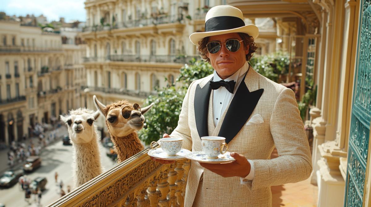 A whimsical and vibrant illustration of a ling city rooftop balcony scene. A penguin in a tuxedo gracefully serves breakfast to a casual, sunglasses-wearing llama, which sips coffee through a straw. The penguin holds a silver tray and displays a puzzled expression. The morning sun casts elongated shadows, while the busy cityscape below is filled with commuters, enhancing the surreal atmosphere. This enchanting artwork seamlessly blends elements of illustration, painting, ukiyo-e, and wildlife photography., vibrant, wildlife photography, painting, illustration, ukiyo-e