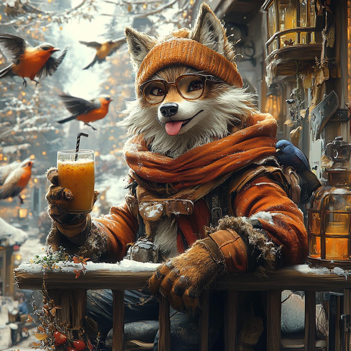 An enchanting cartoon scene of a hipster wolf in glasses and a beanie, perched on a vibrant, colorful balcony overlooking a whimsical forest. The playful wolf is capturing a selfie with his morning smoothie, striking a cool 4k with a tongue out. In the background, a flock of animated birds joyfully photobombs the shot, adding an extra layer of mischief. The forest is teeming with life, featuring exaggeratedly large trees and a plethora of playful animals, creating a lively, atmosphere.
