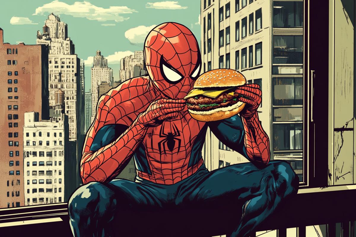 Spider-Man without a mask eats a burger on the balcony in New York, retro comic book style, comic book