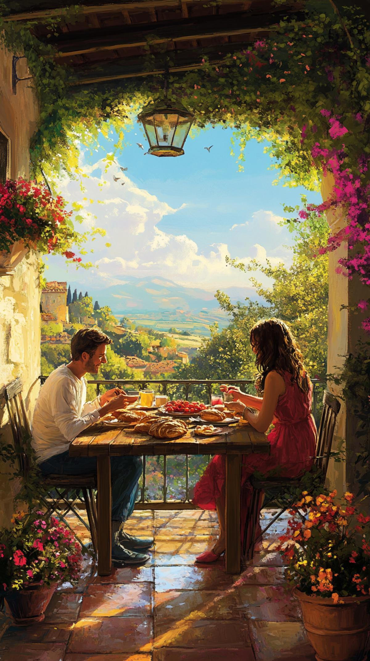 A suburb of Italy, morning, balcony covered with lush vines, rustic wooden table decorated with vibrant fruits and bread, terracotta pots with bright flowers casting intricate shadows, azure sky framing picturesque rolling hills, man and woman savoring breakfast, warm sun illuminating joyful features, charming antique tiles underfoot, serene ambiance enriched by melodious birdsong, gentle breeze rustling the leaves.