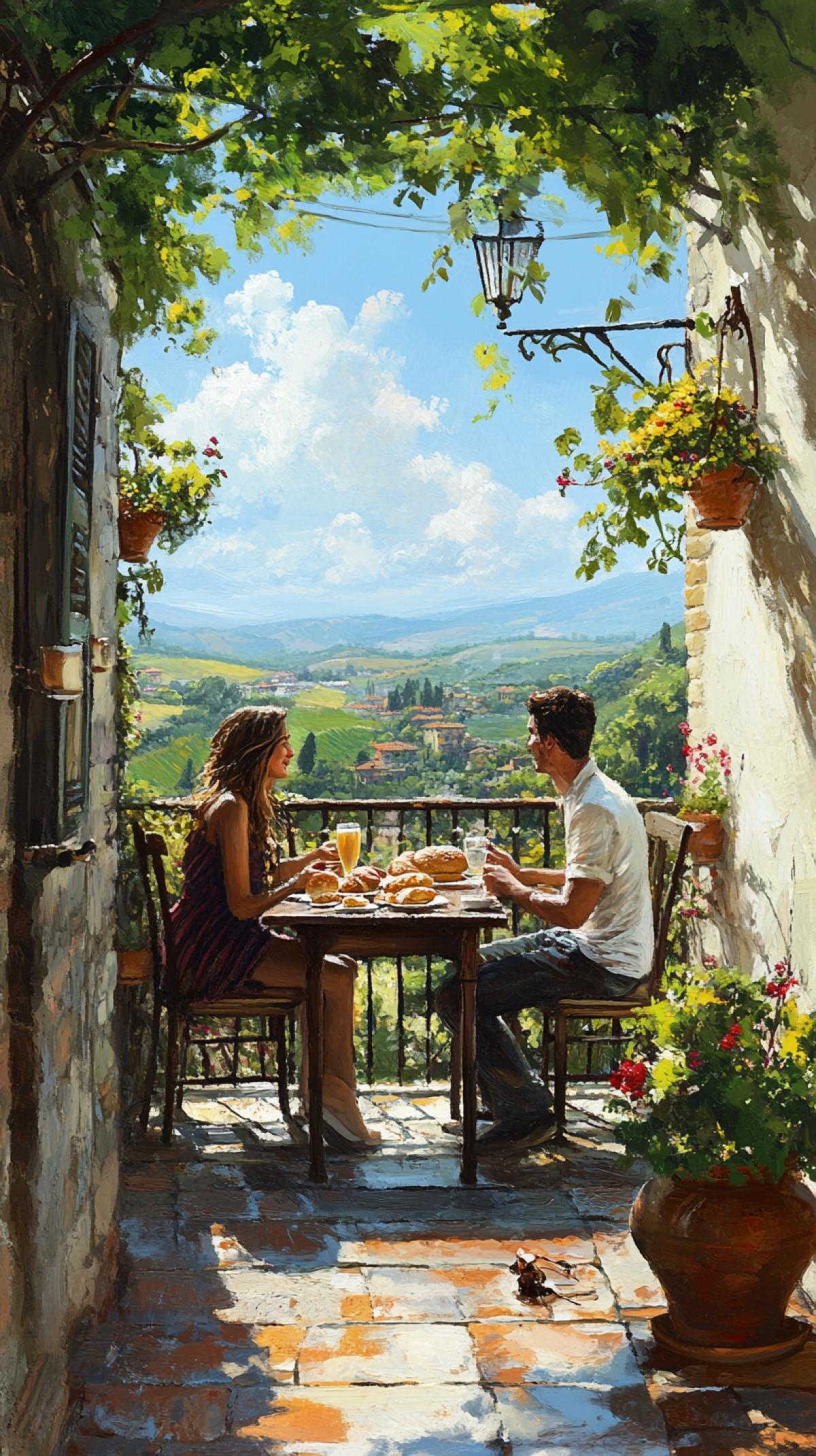 A suburb of Italy, morning, balcony covered with lush vines, rustic wooden table decorated with vibrant fruits and bread, terracotta pots with bright flowers casting intricate shadows, azure sky framing picturesque rolling hills, man and woman savoring breakfast, warm sun illuminating joyful features, charming antique tiles underfoot, serene ambiance enriched by melodious birdsong, gentle breeze rustling the leaves.