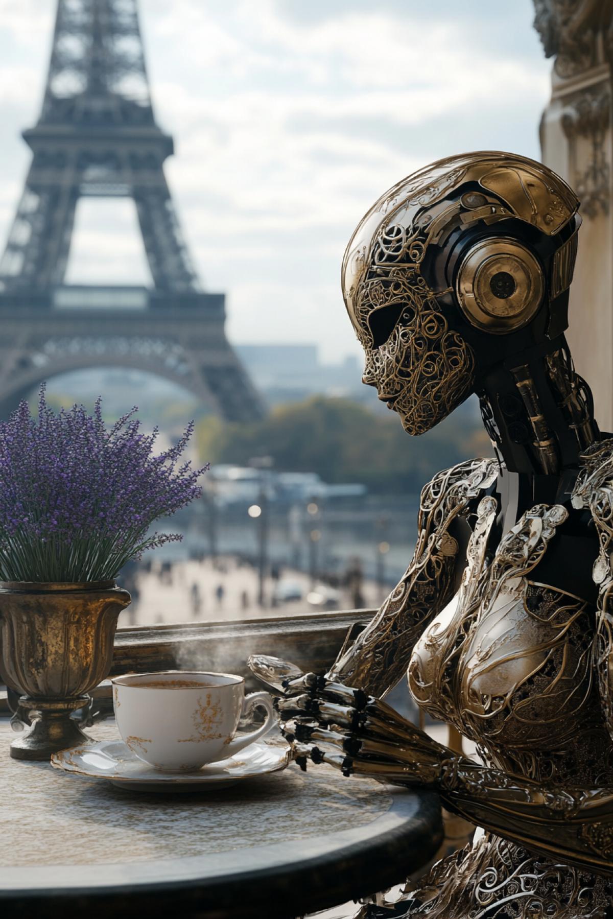 robot woman, on balcony at table with cup of coffee, lavender bouquet in vase, gold filigree couture clothing, cutout design, delicate lace pattern, intricate details, metallic feathers, ancient chinese style, with exquisite details, in front of eiffel tower, chowboy style shot, biomimicry, metallic particles, surreal, clam, classic, details, cinematic quality, minimalism