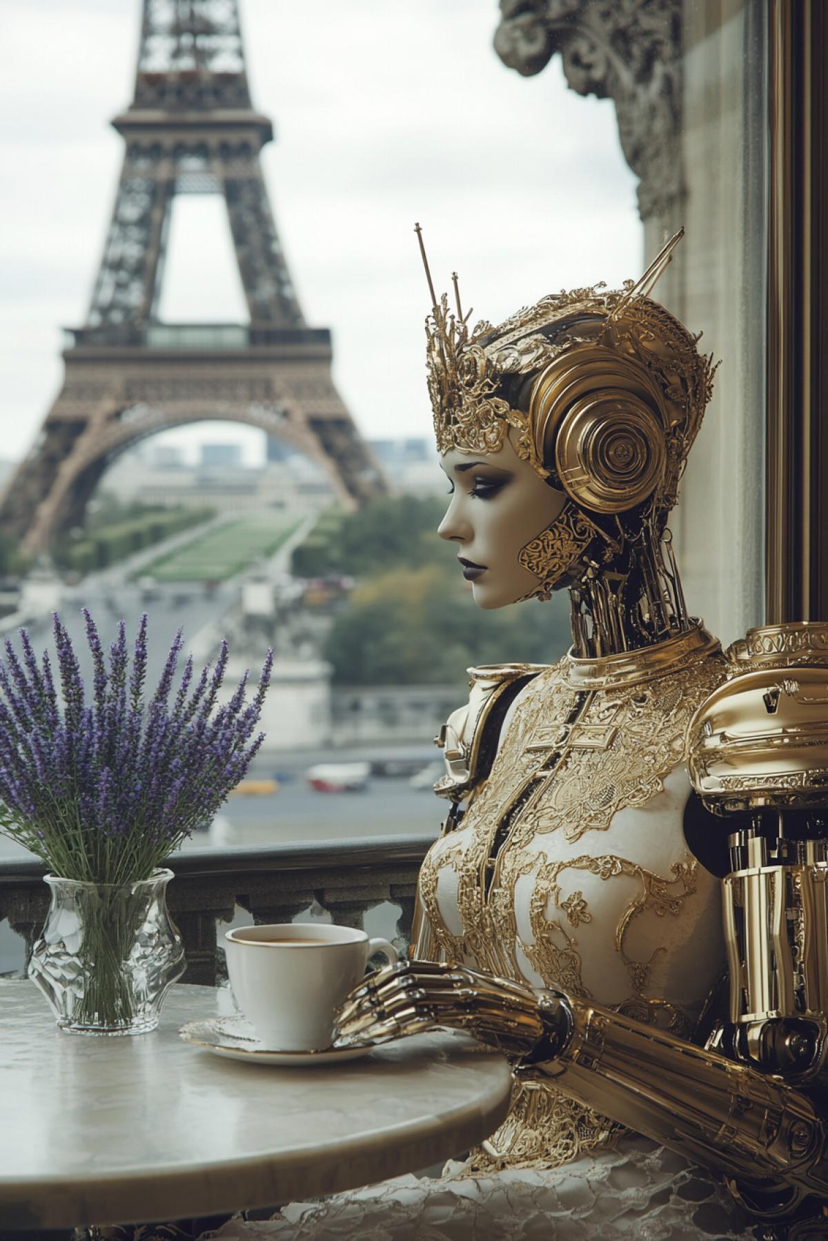 robot woman, on balcony at table with cup of coffee, lavender bouquet in vase, gold filigree couture clothing, cutout design, delicate lace pattern, intricate details, metallic feathers, ancient chinese style, with exquisite details, in front of eiffel tower, chowboy style shot, biomimicry, metallic particles, surreal, clam, classic, details, cinematic quality, minimalism