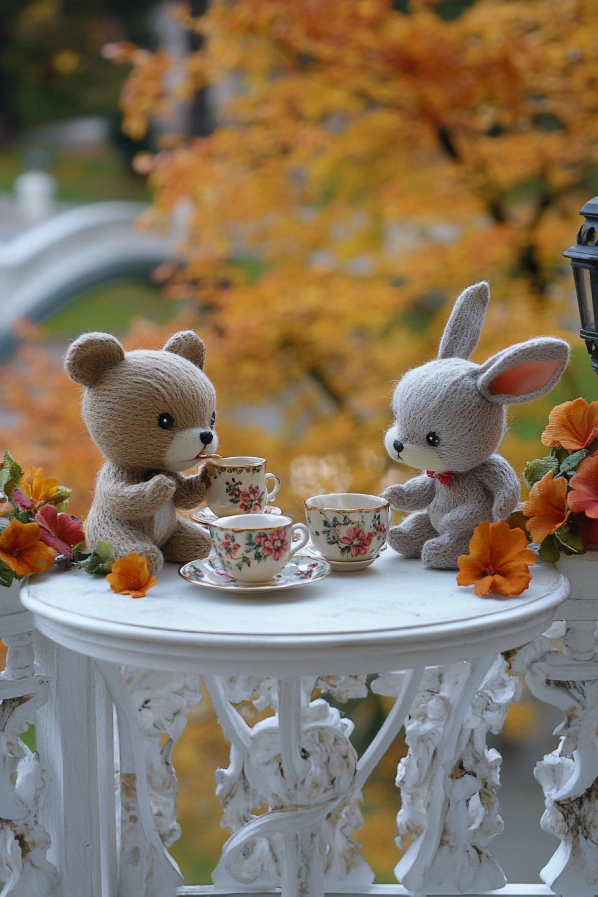 On a cozy white balcony in the autumn, sewn toys are drinking tea at a small table. Handmade toys with floral embroidery: a bear and two hares drinking tea from Victorian porcelain, nasturtium flowers on the balcony, overlooking a city autumn park with a bridge and lanterns