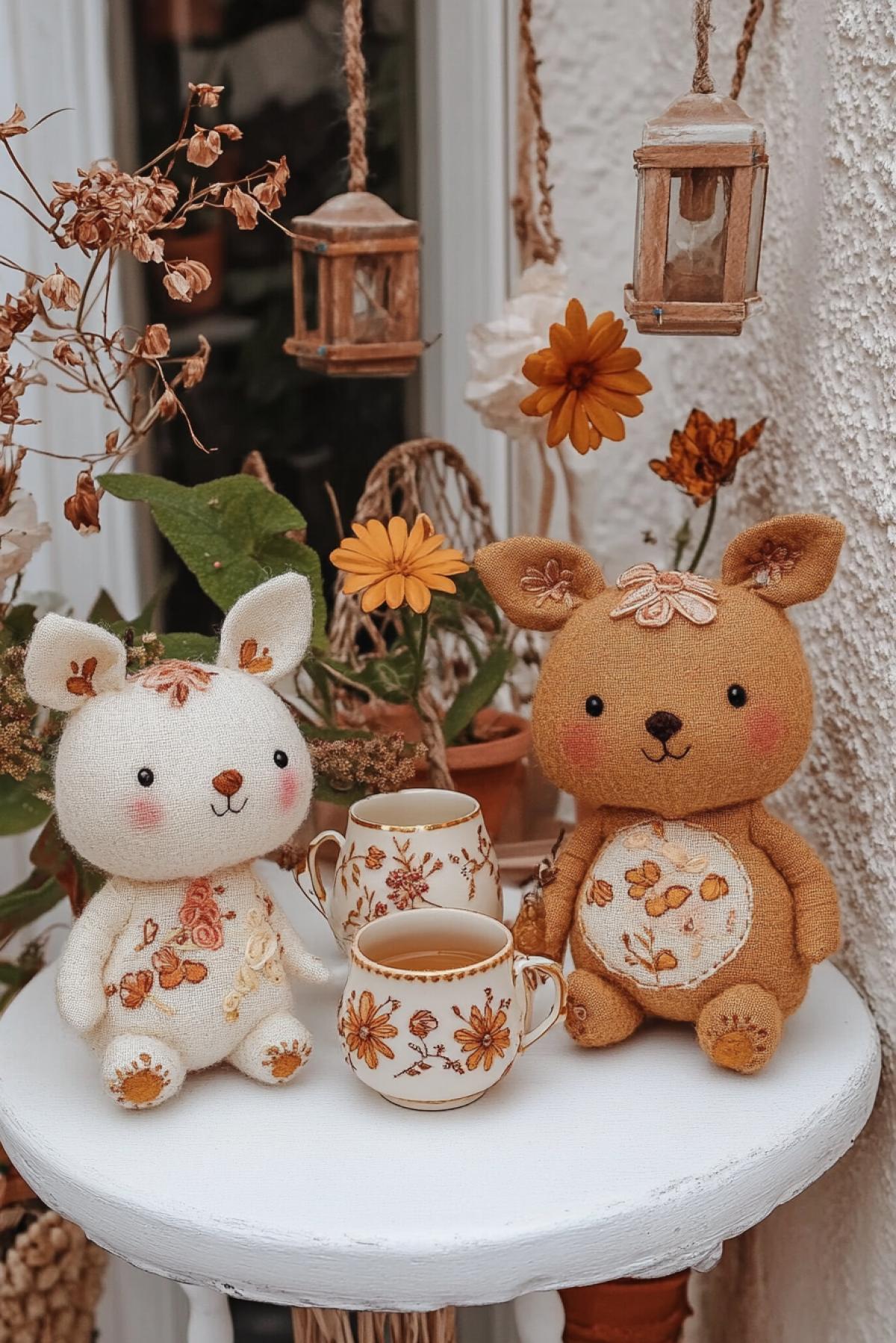 On a cozy white balcony in the autumn, sewn toys are drinking tea at a small table. Handmade toys with floral embroidery: a bear and two hares drinking tea from Victorian porcelain, nasturtium flowers on the balcony, overlooking a city autumn park with a bridge and lanterns
