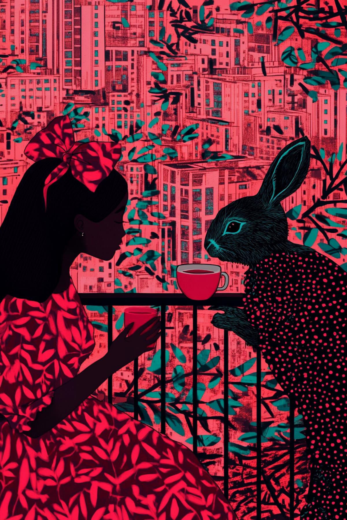 rabbit and girl with bow on head, in frilly dress, drinking tea on balcony, background city in foliage, illustration, style Chris Dyer