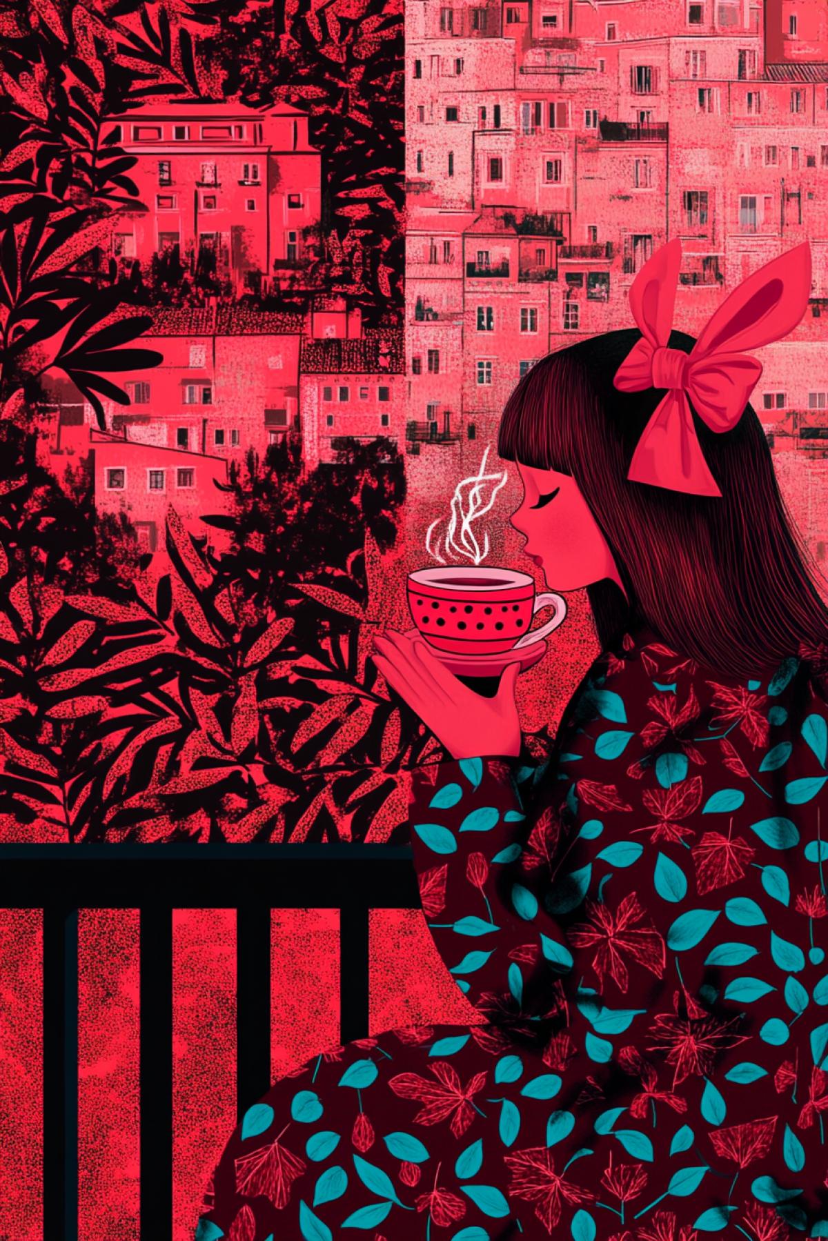 rabbit and girl with bow on head, in frilly dress, drinking tea on balcony, background city in foliage, illustration, style Chris Dyer