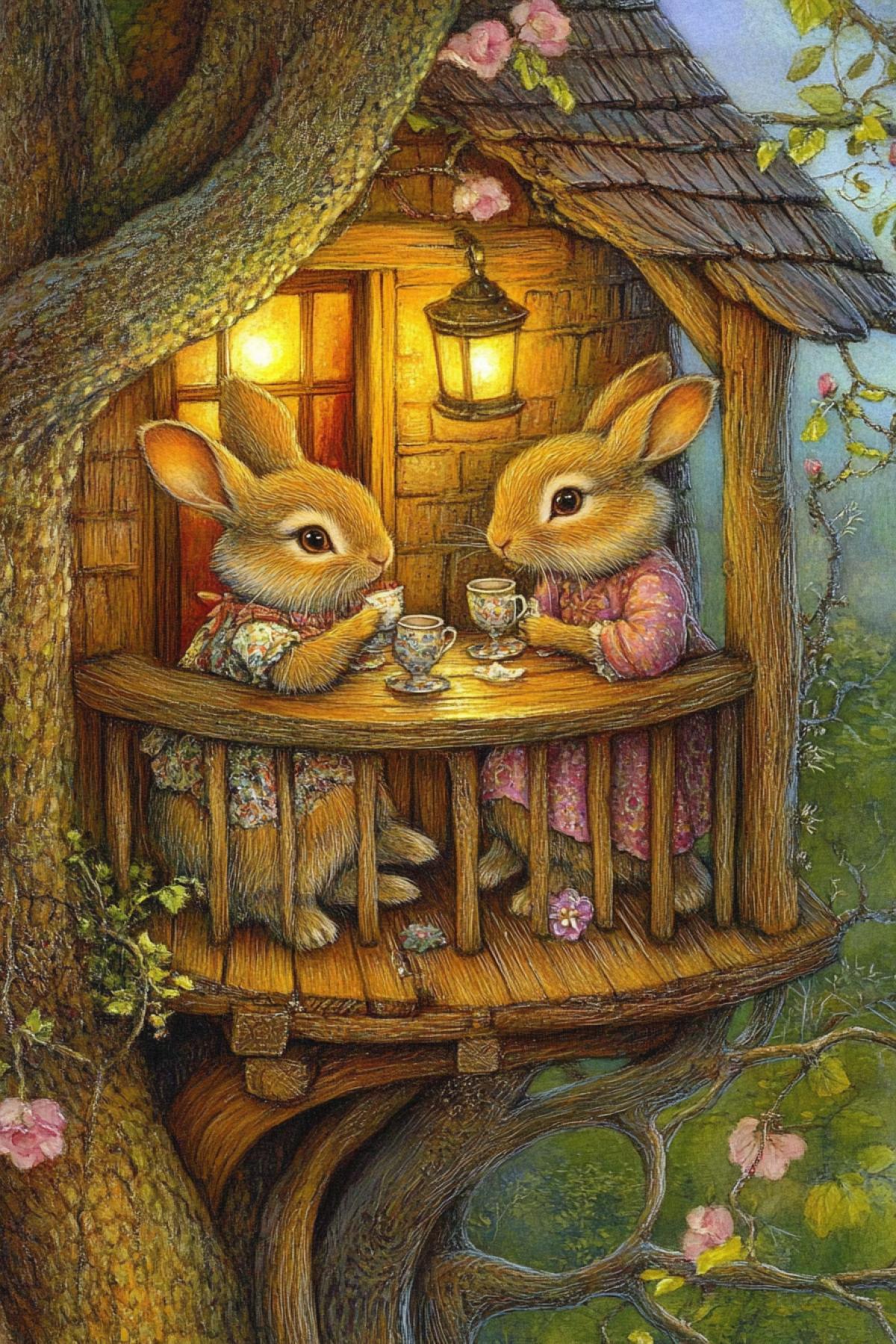 Preserving style, on a cozy summer evening, a married couple of rabbits, he and she, on the wooden balcony of their tree house under a lantern, comfortably sitting down, drinking tea from tiny porcelain cups