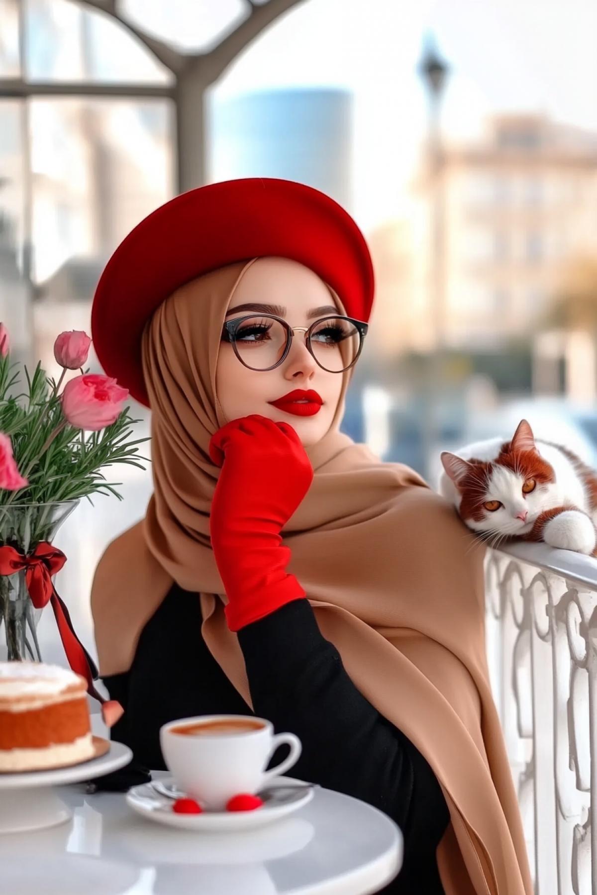 While maintaining style. On a white balcony, a young woman, a headscarf, a red hat and red gloves, glasses, in a dark dress, with a light cloak thrown over top, sits at a table drinking coffee, spring notes rise from a cup of coffee. On the table in the playpen there is a cake, a vase with a soft pink rosemary flower, on the railing of the balcony there is a red and white cat curled up, bokeh, photorealism. City background blurred, Sharp focus