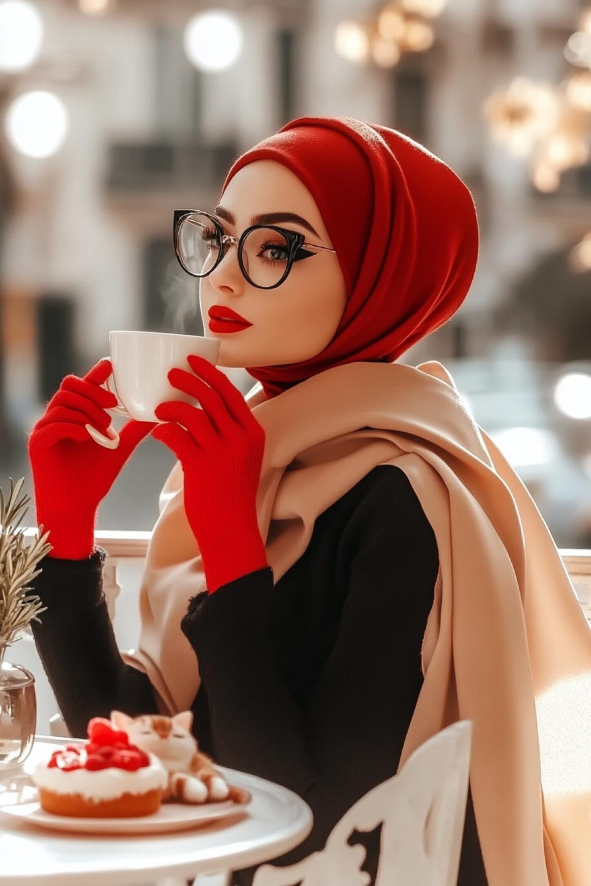 While maintaining style. On a white balcony, a young woman, a headscarf, a red hat and red gloves, glasses, in a dark dress, with a light cloak thrown over top, sits at a table drinking coffee, spring notes rise from a cup of coffee. On the table in the playpen there is a cake, a vase with a soft pink rosemary flower, on the railing of the balcony there is a red and white cat curled up, bokeh, photorealism. City background blurred, Sharp focus