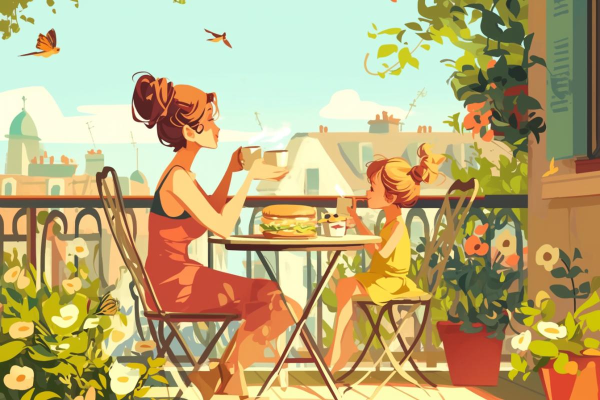 Mom and little daughter, sitting on the balcony in cozy chairs at a small table, drinking cocoa with sweet buns, summer morning, birds and butterflies around, a lot of greenery on the street outside the window, a small town.