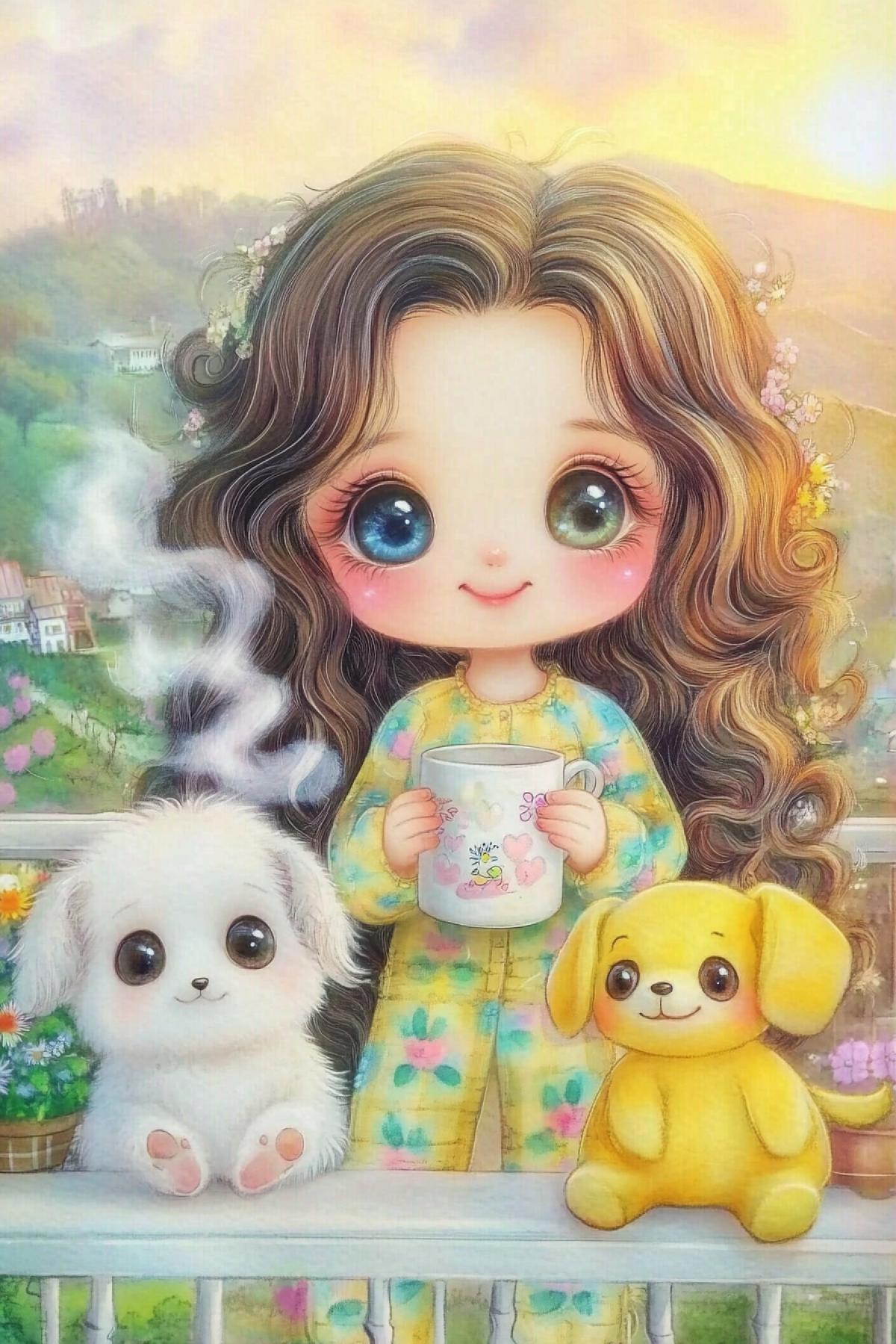 Keeping in style, on the balcony at the childrens table a cute big-eyed girl with long curly hair in cozy pajamas with a soft toy dog, next to her a mug with a smile, steam coming out of the mug, against the background of the sunrise over the hills, floral print, colored highlights on the hair, very cute and charming watercolor illustration