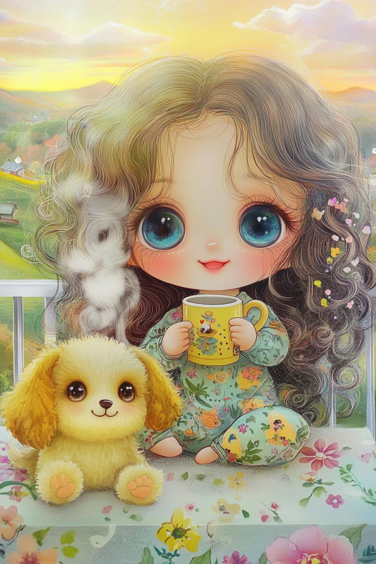 Keeping in style, on the balcony at the childrens table a cute big-eyed girl with long curly hair in cozy pajamas with a soft toy dog, next to her a mug with a smile, steam coming out of the mug, against the background of the sunrise over the hills, floral print, colored highlights on the hair, very cute and charming watercolor illustration