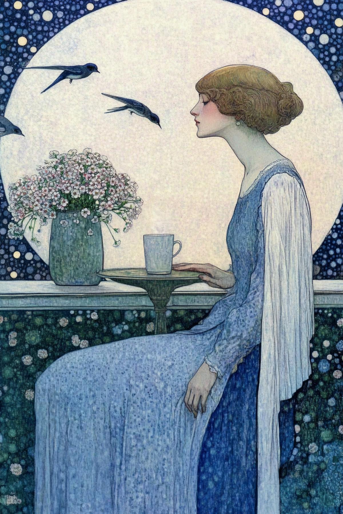 In the style of Heinrich Vogeler, a young beautiful woman on a balcony, with vases of blooming clover, at a small table drinking coffee, swallows flying around her, against the background of a big circle consisting of small delicate flowers, a dreamy morning