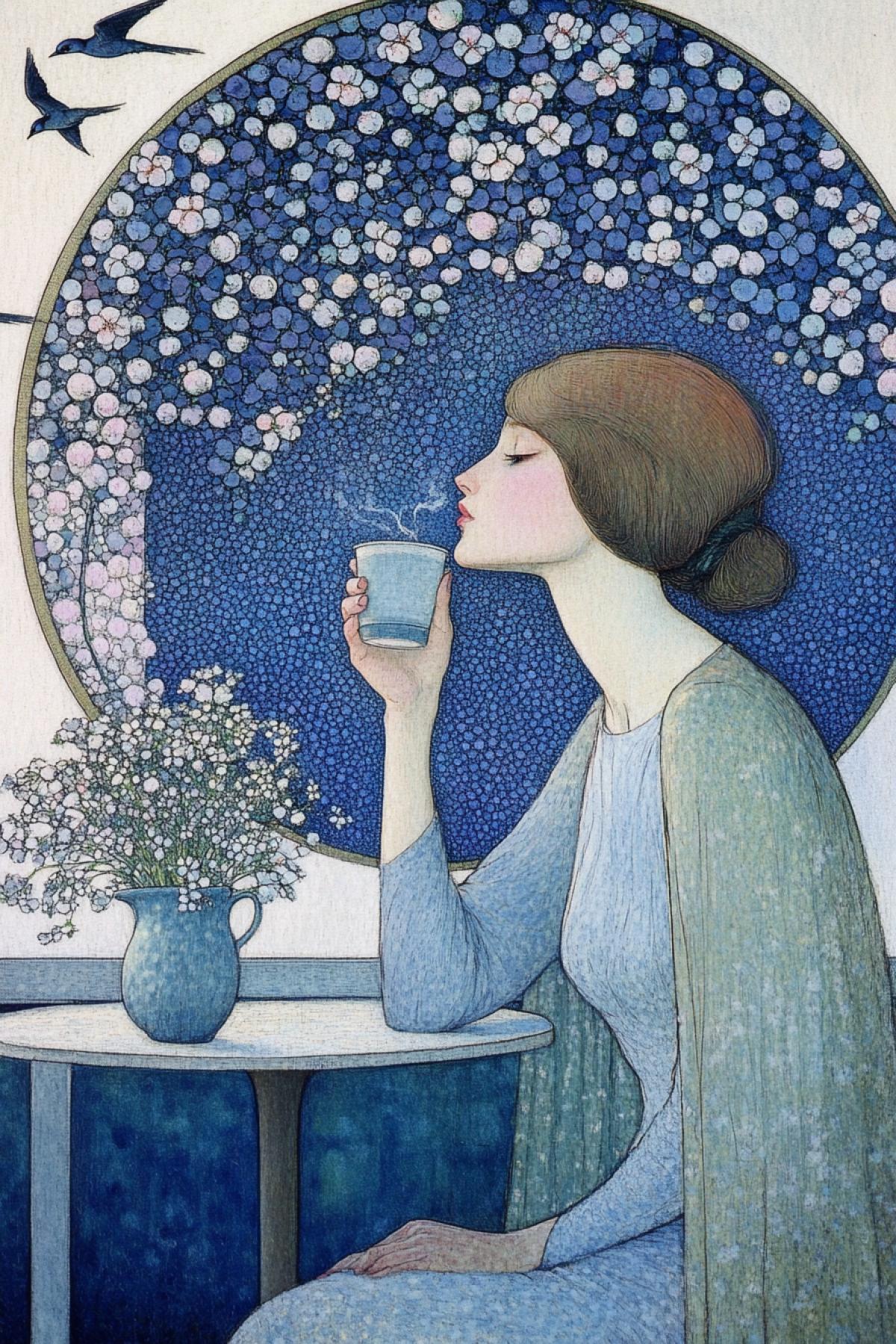 In the style of Heinrich Vogeler, a young beautiful woman on a balcony, with vases of blooming clover, at a small table drinking coffee, swallows flying around her, against the background of a big circle consisting of small delicate flowers, a dreamy morning
