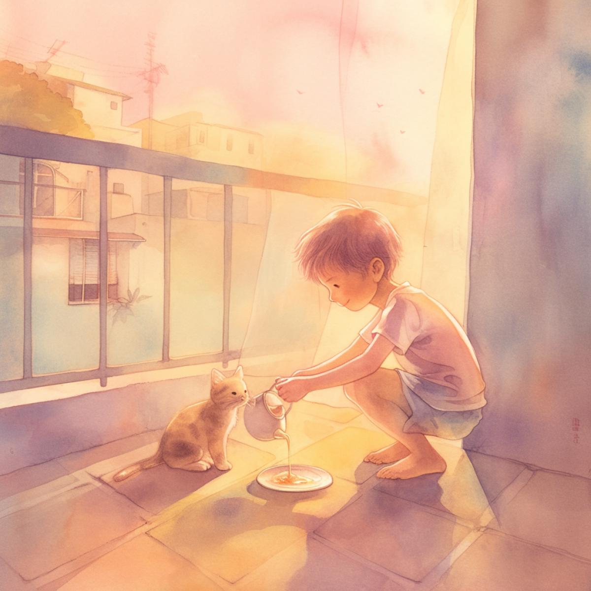 Little boy pours milk into a saucer for a little kitten, on the balcony, early morning, pink sunrise, watercolor illustration