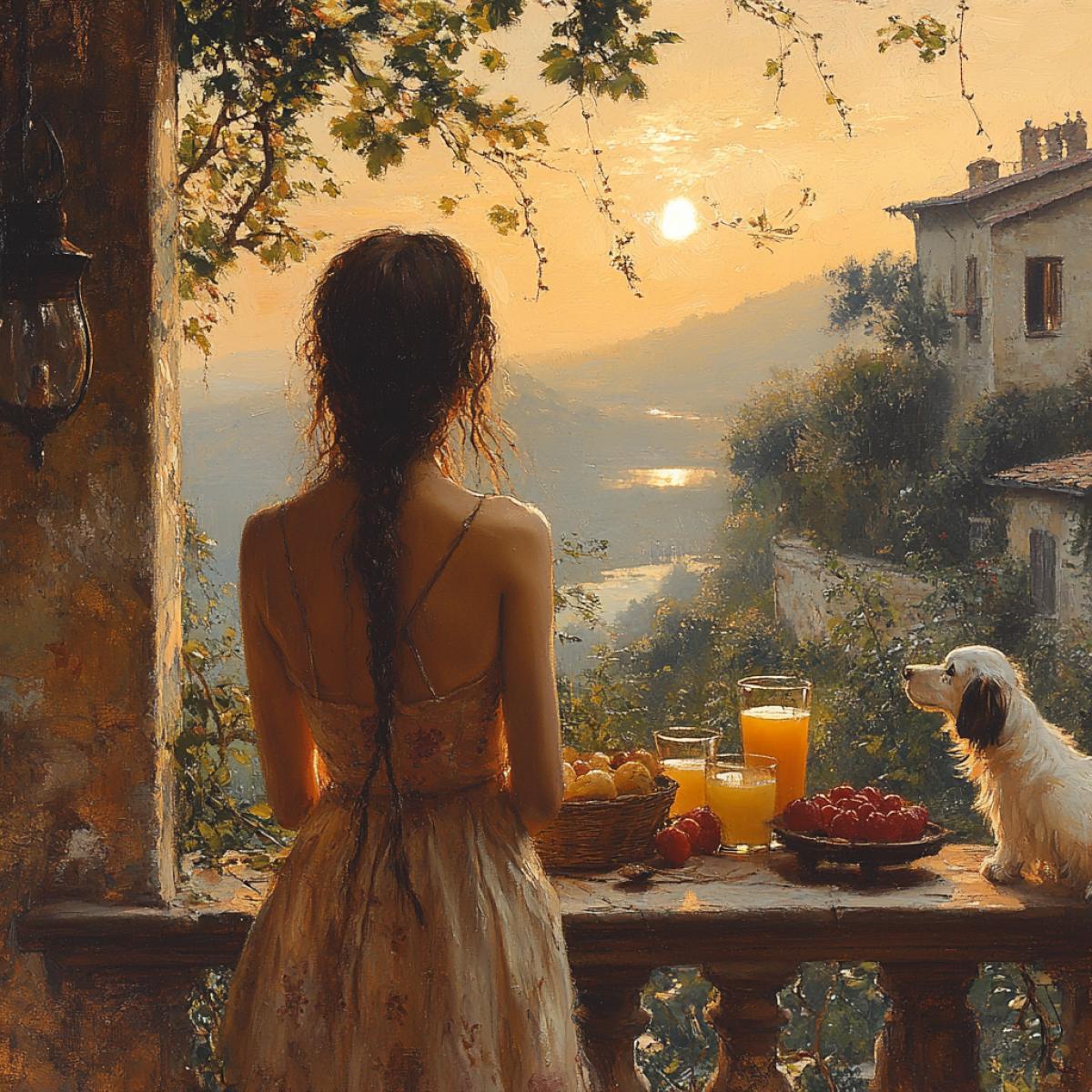 Sounds like a beautiful morning in the Italian suburbs! The morning light of the sunrise, an old house with a balcony where breakfast with fruits, juice, coffee and cakes is served, creates a cozy atmosphere. A woman has long braided dark hair and a spaniel nearby adds additional charm to this moment.