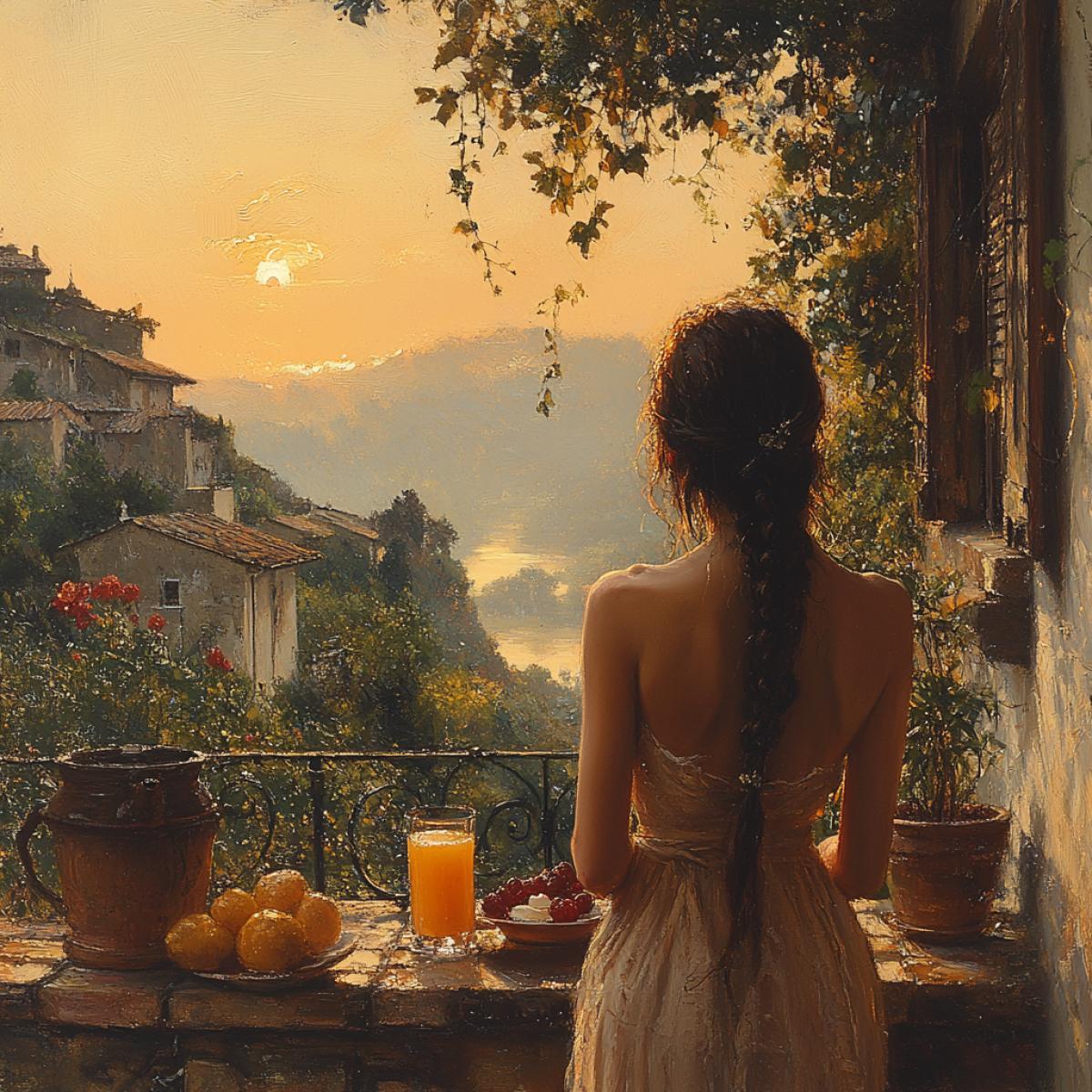 Sounds like a beautiful morning in the Italian suburbs! The morning light of the sunrise, an old house with a balcony where breakfast with fruits, juice, coffee and cakes is served, creates a cozy atmosphere. A woman has long braided dark hair and a spaniel nearby adds additional charm to this moment.