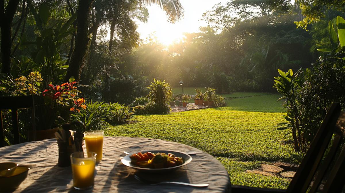 Breakfast on the track in the sunrise overlooking the wonderful garden