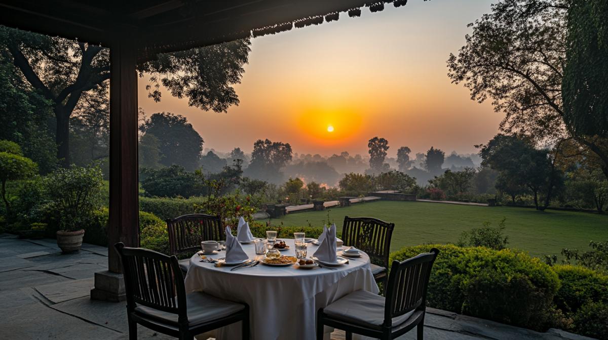 Breakfast on the track in the sunrise overlooking the wonderful garden