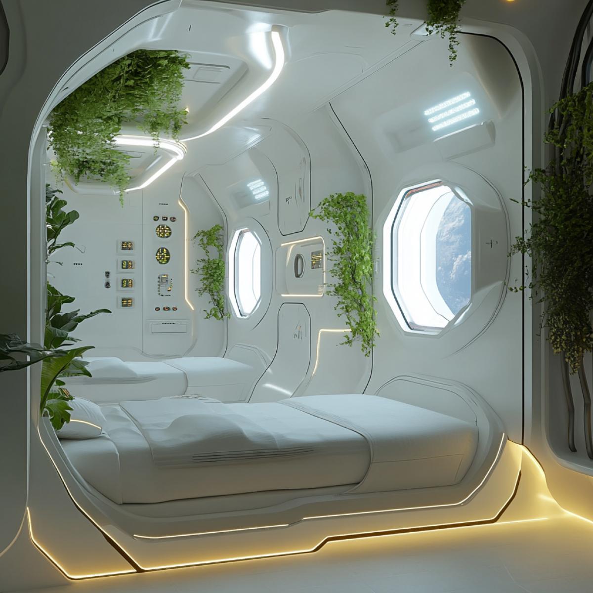 A living compartment on a spaceship with smooth white walls and built-in control panels, gravity beds floating in the air, portholes with views of distant galaxies, minimalist cabinets and tables, soft light that creates coziness, green plants in capsules to create oxygen, an atmosphere of comfort and high technologies.