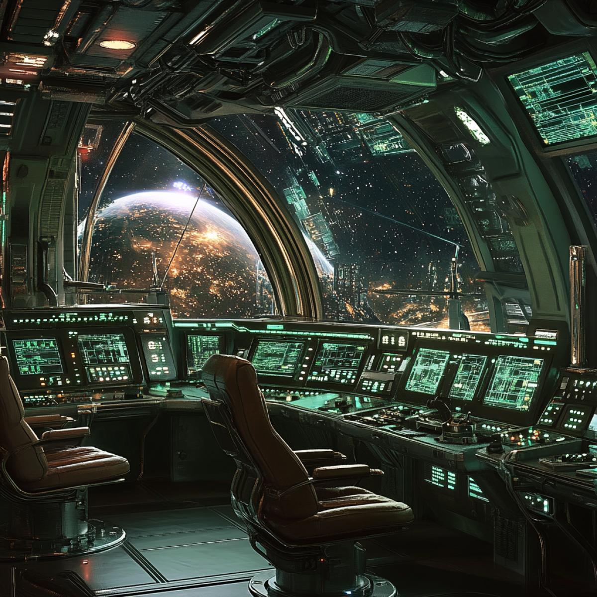 The command bridge of a spaceship in the style of retro-futurism, control panels with many analog switches and screens with green monitors, chairs made of leather and metal, a big observation dome made of transparent material through which stars and planets are visible, soft neon lighting, a feeling of immersion in scientific 60s science fiction.