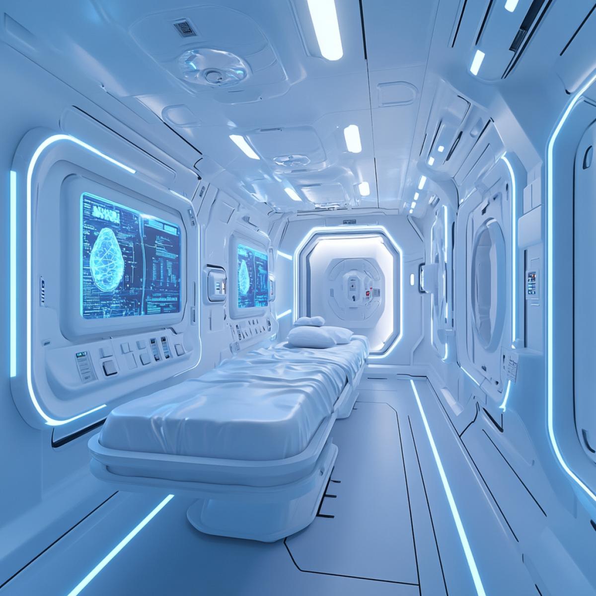Medical compartment on board a spaceship, sterile white walls with blue light lines, biocapsules with transparent covers for treatment, holographic screens with patient data, medical assistant robots, soft bluish lighting creating a feeling of calm and safety, high-tech and futuristic atmosphere.