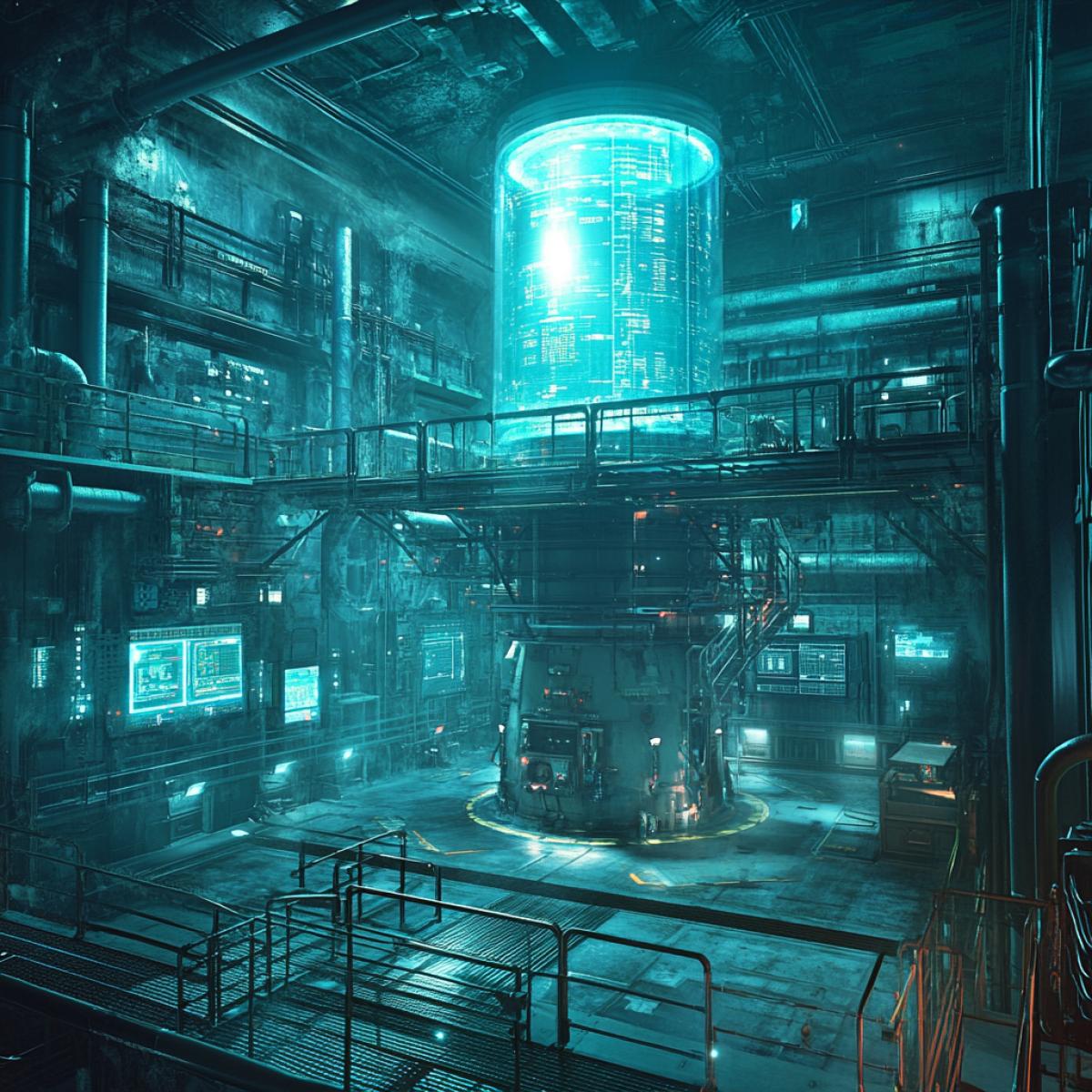 The engineering room of the spaceship, in the center of which is a big power reactor with a bright blue light, metal bridges and stairs, control panels surrounded by pipes and cables, dim lighting creates an industrial atmosphere, warning signs and holographic displays on the walls, a tense but exciting scene.