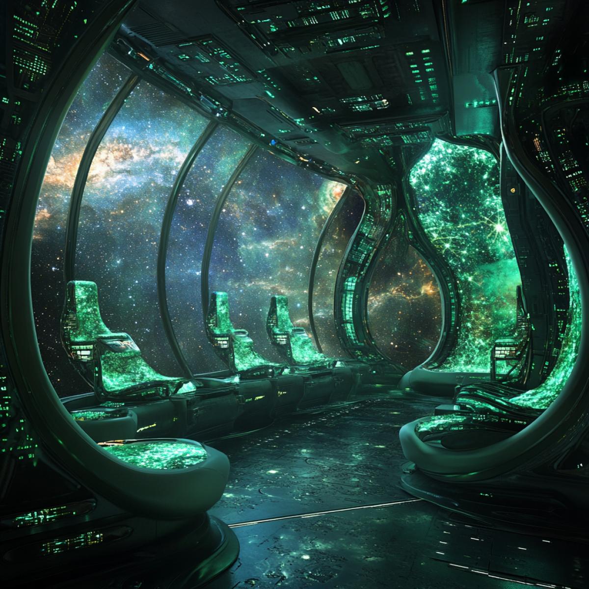 Command center on a ship of an alien race, walls made of biomaterial, glowing pulsating patterns instead of wires, organically shaped seats, panoramic windows overlooking a star cluster, control devices in the form of crystals floating in the air, soft greenish-blue light, an atmosphere of absolute alienity and advanced technologies.