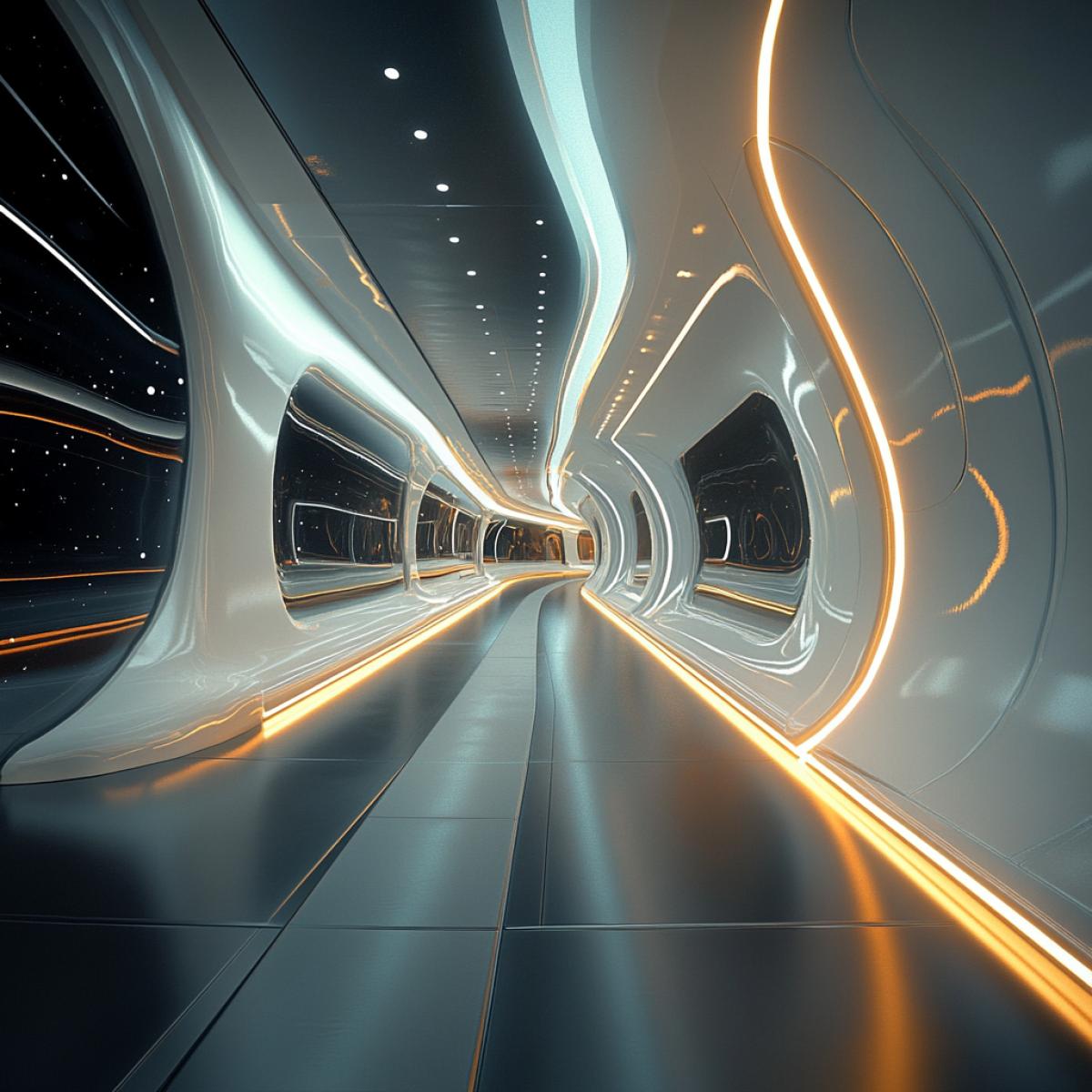 A gravity-curved corridor that seems to twist into a spiral on its own, luminous lines on the walls smoothly merge into the floor, the ceiling disappears, luxury the endless expanses of space, the ship seems to merge with space, a feeling of infinity and unity with the Universe, complete disorientation in space, futuristic surrealism.