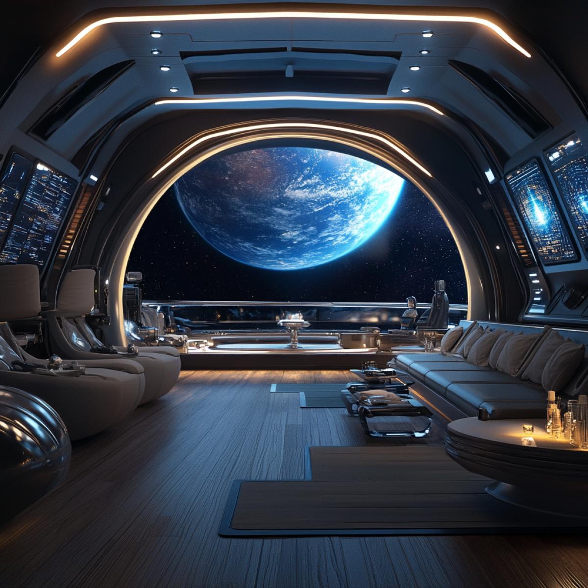 The captains cabin, floating in the center of the ship in the form of a sphere with a 360-degree panoramic view of space, the furniture and walls are made of crystal that changes color depending on the emotions of the crew, holographic pictures of star systems hang on the walls, artificial intelligence animates the interior, creating a feeling absolute comfort and connection with space.