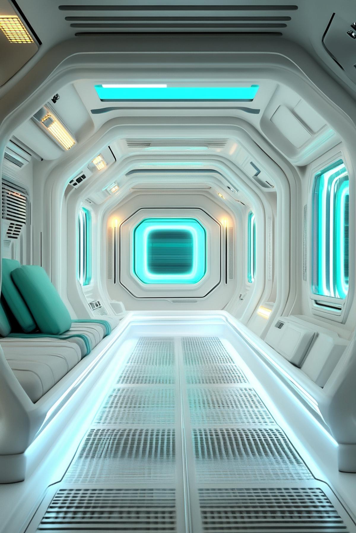 Creative spaceship interior design, large windows, white and turquoise color, neon, flickering, photoshop