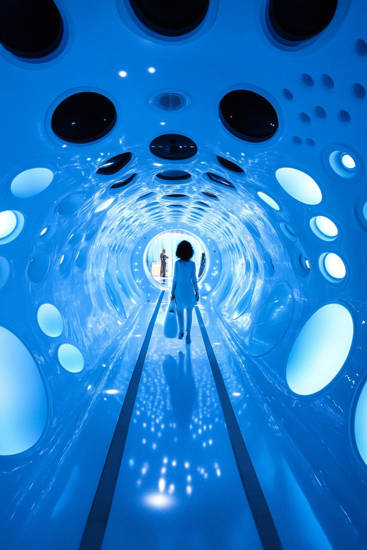 spaceship room design?, maximalism, white blue color, neon, psychedelic, flickering, photoshop