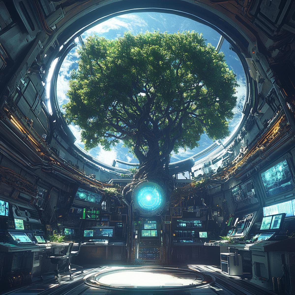 A giant biological laboratory inside a spaceship, surrounded by living plants, in the center is a big tree with a pulsating light in the trunk, branches go to the ceiling, merging with the ships systems, floating platforms with workstations, walls made of transparent material, behind which space is visible, soft light creates an atmosphere a beautiful place where technology and nature come together in perfect harmony, a sense of grandeur and peace.