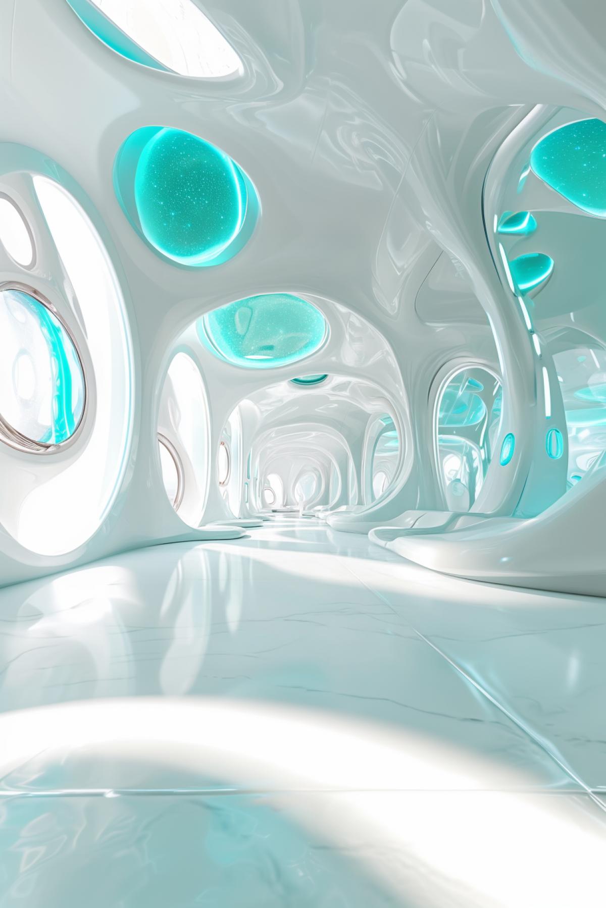 Creative spaceship interior design, large windows, white and turquoise color, neon, flickering, photoshop