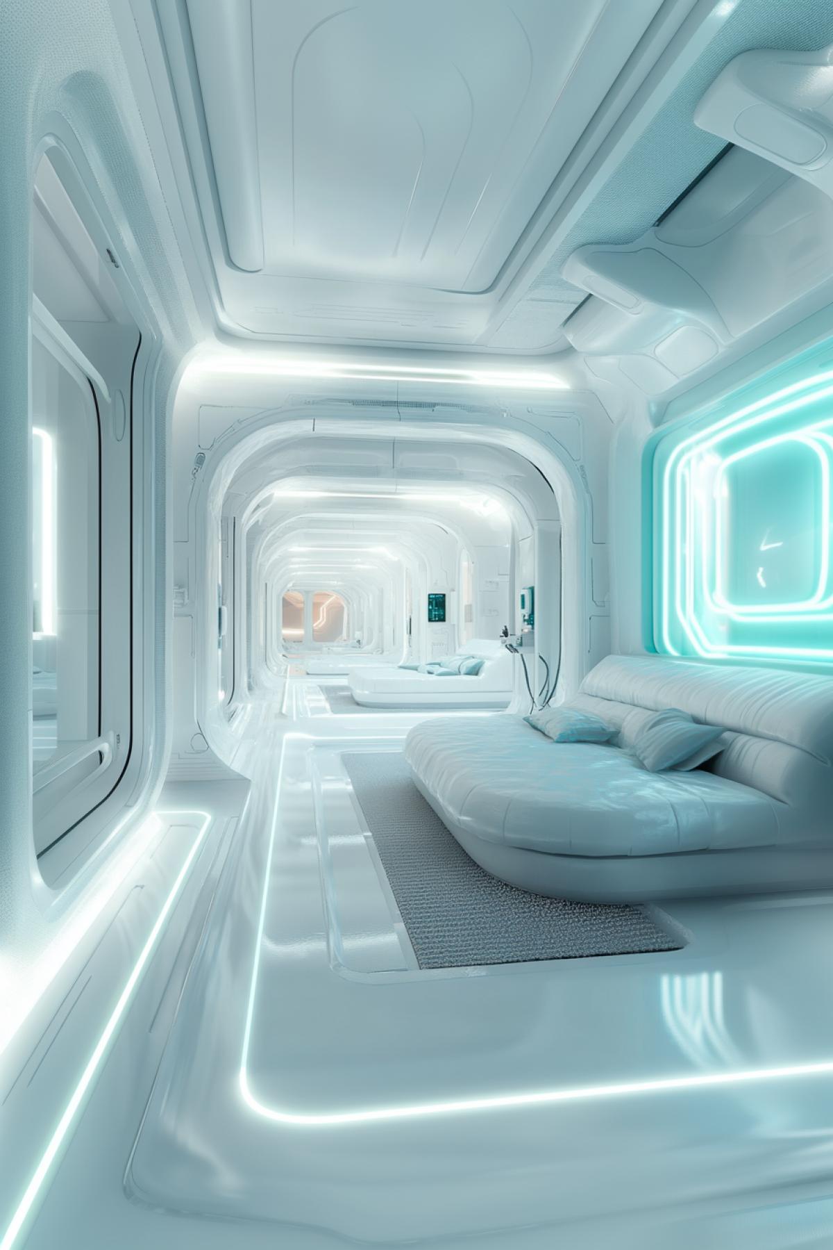 Creative spaceship interior design, large windows, white and turquoise color, neon, flickering, photoshop