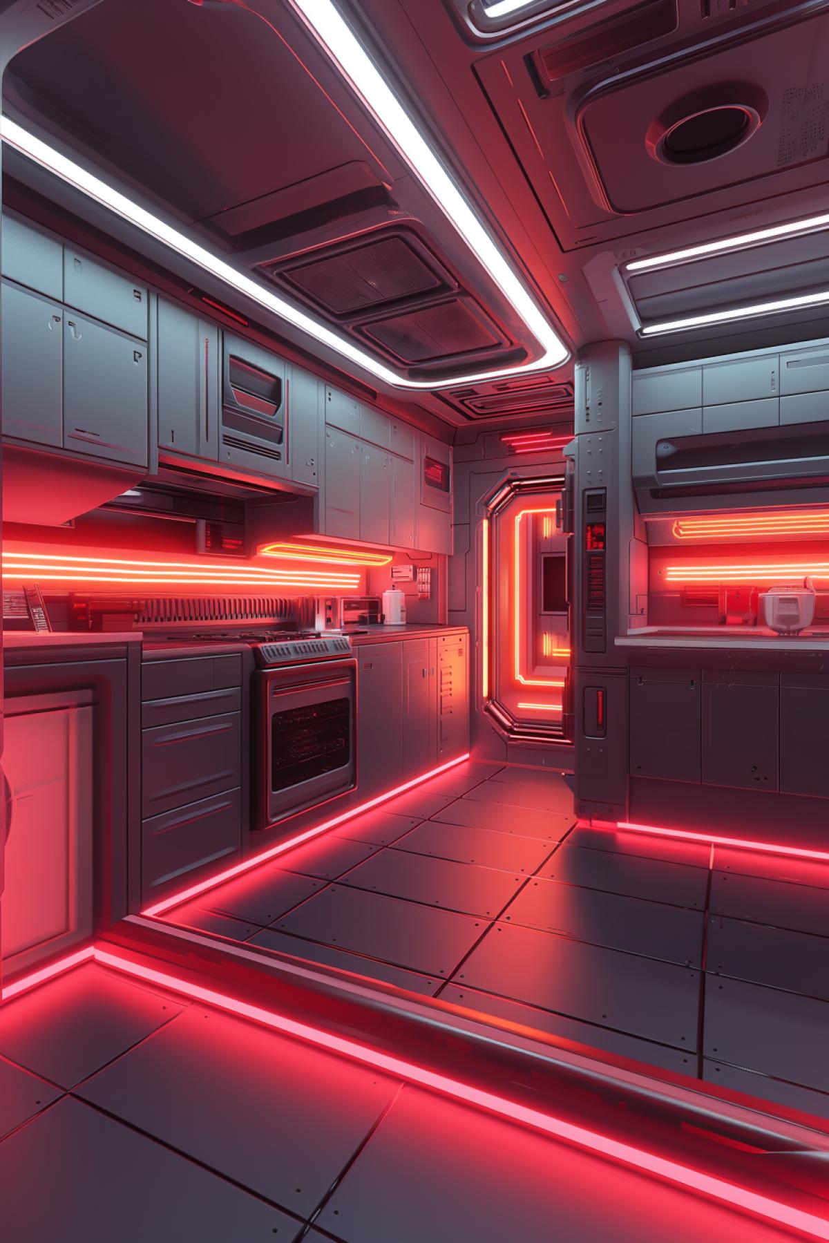 kitchen interior design of a spaceship room, gray-red color, neon, large windows, Illustrations in the style of futuristic architecture, interior design of a spaceship room, gray-red color, neon, large windows, Illustrations in the style of futuristic architecture, psychedelic , flicker